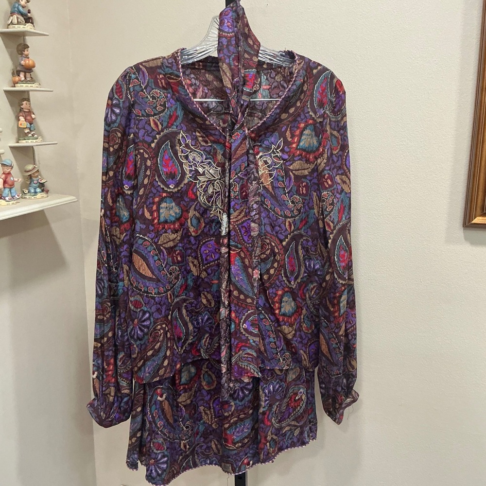Oscar de la Renta Miss O Skirt Set 8 Purple Silk Paisley 3pc Blouse Skirt Scarf